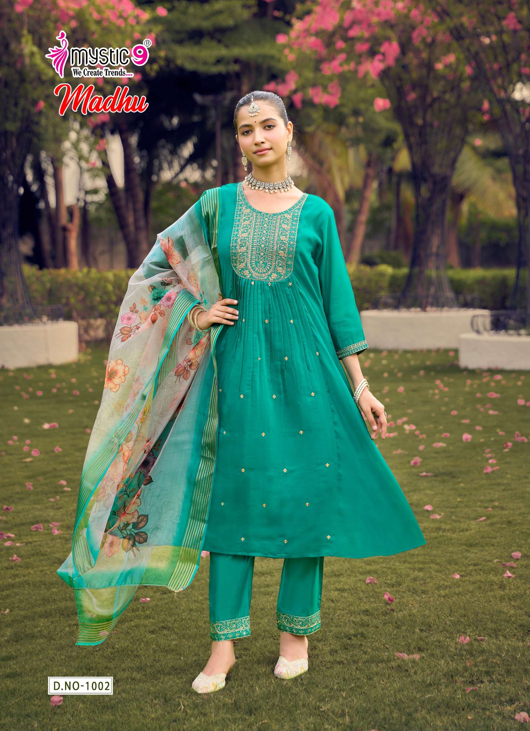 MYSTIC 9 MADHU VOL 1 CHANDERI DYED FLARED CUT CATALOGUE RUND KURTI PANT SUIT TEENAGE BUY